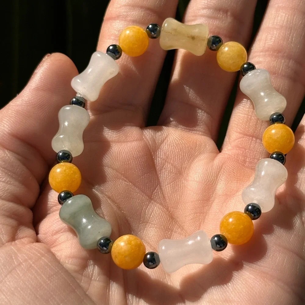 Handmade Beaded Bracelet Bamboo Round Yellow Jade Hematite Stone Stretch 7